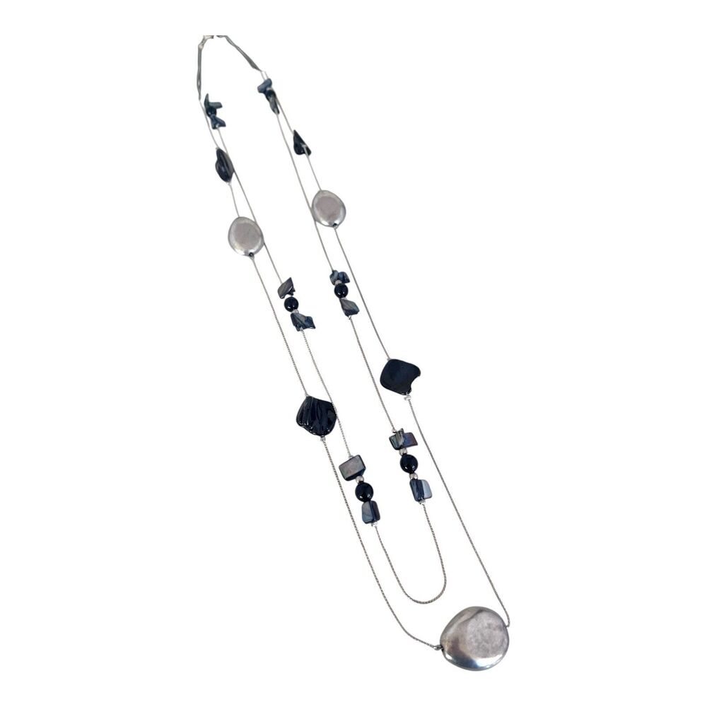 New Multi Strand Necklace Beads Black Shells Silver Tone - 13V